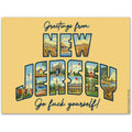Vintage postcard style New Jersey flexible magnet in pastel yellow and multi-colored lettering on a magnetic surface