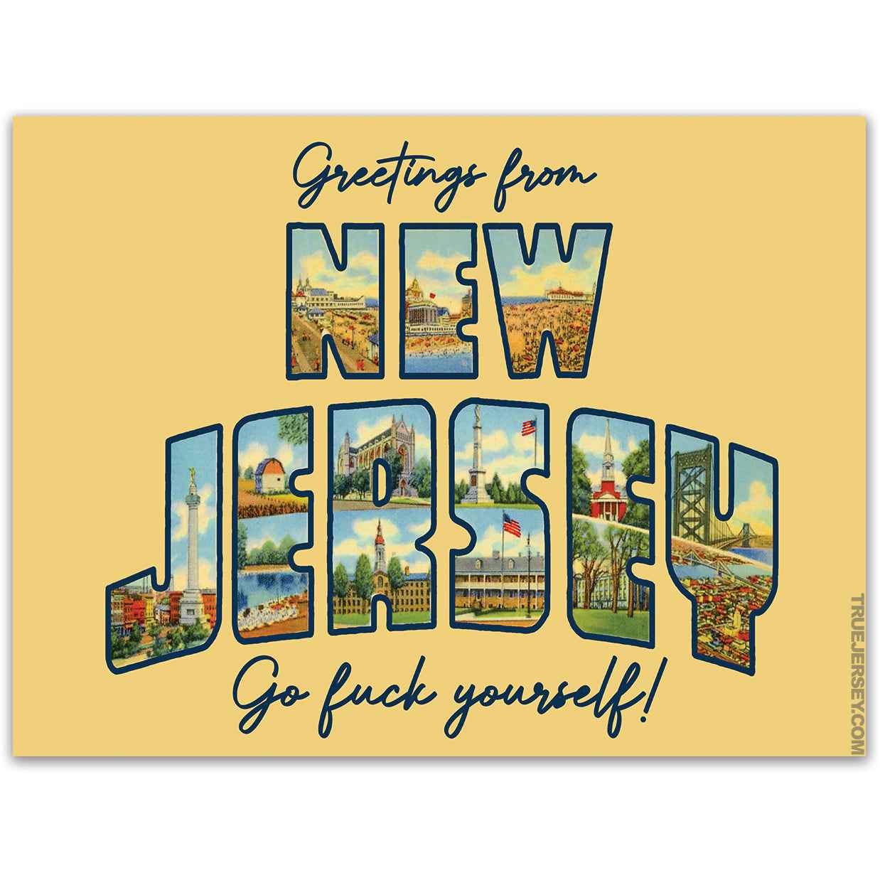 Vintage postcard style New Jersey flexible magnet in pastel yellow and multi-colored lettering on a magnetic surface