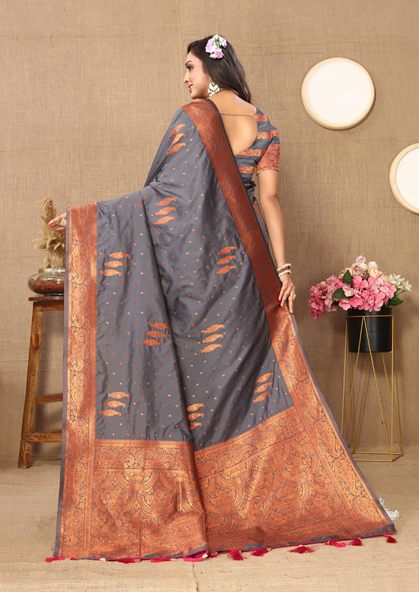 Grey Soft Silk Saree with Elegant Copper Zari Weaving