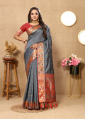 Grey Soft Paithani Silk Saree featuring Meenakari Zari pallu