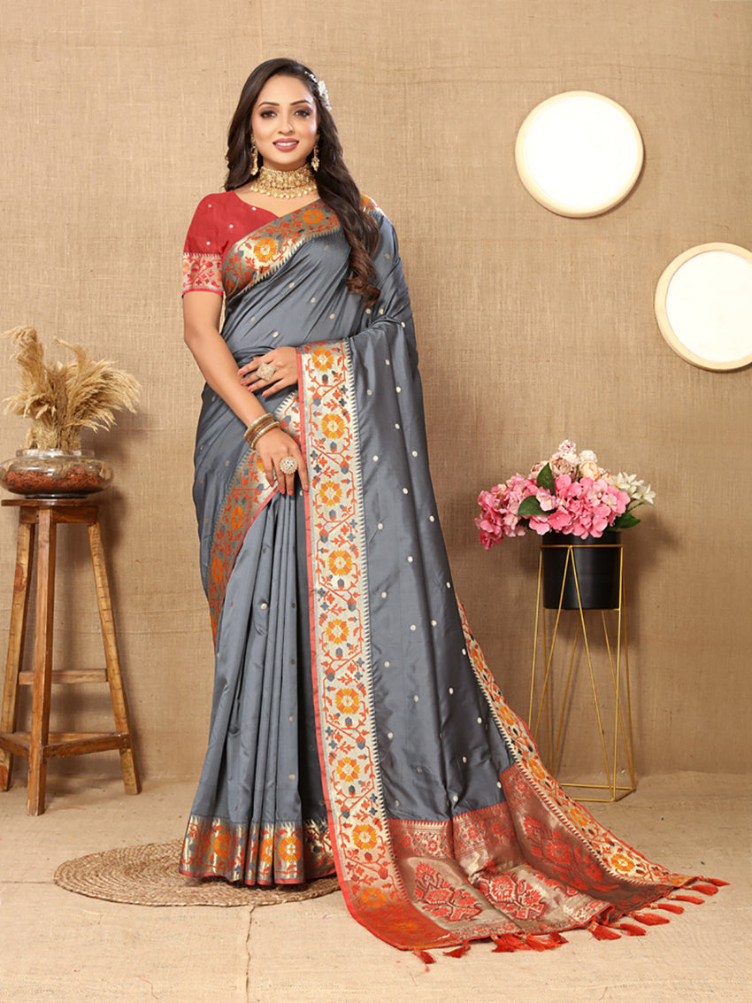 Grey Soft Paithani Silk Saree with Meenakari Zari Pallu