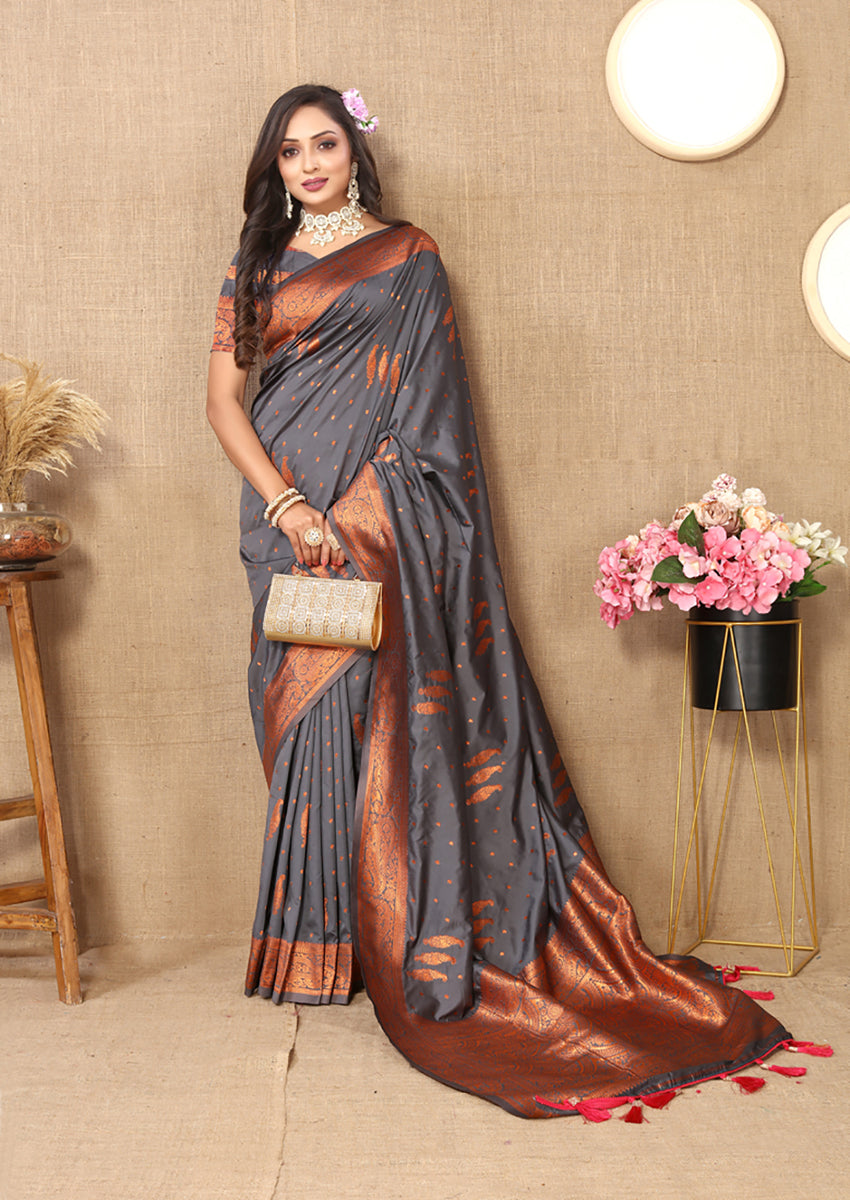 Grey Soft Silk Saree with Elegant Copper Zari Weaving
