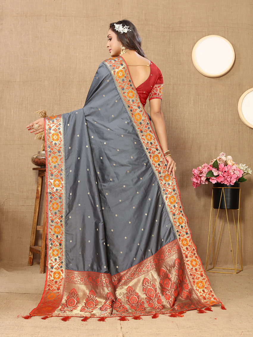 Grey Soft Paithani Silk Saree with Meenakari Zari Pallu