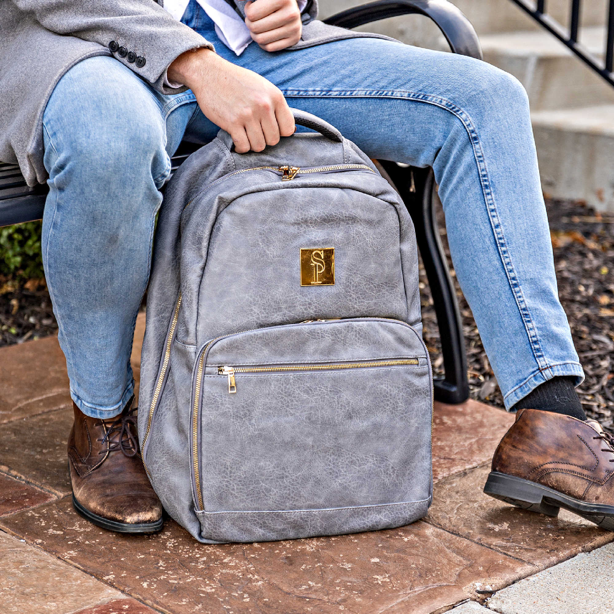 Grey Leather Commuter Bag