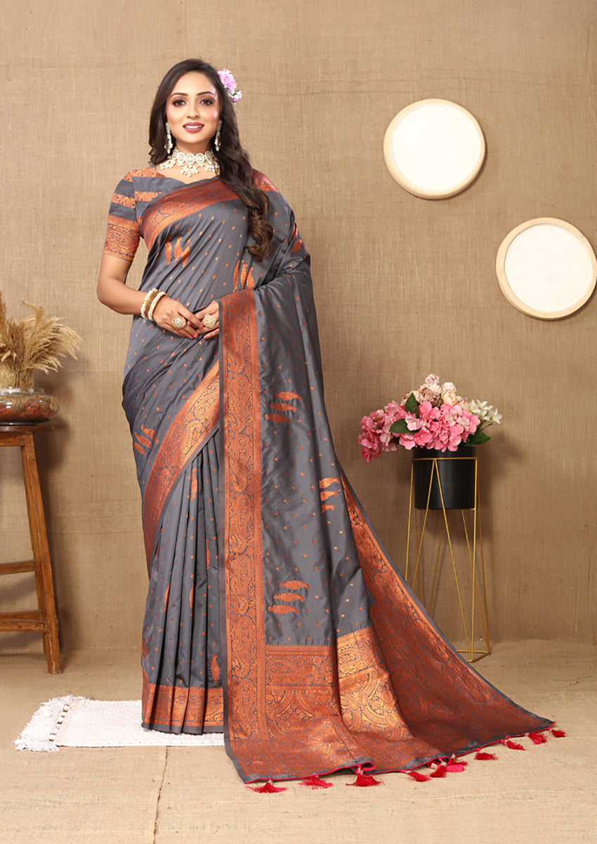 Grey soft silk saree with copper zari design and matching silk blouse fabric