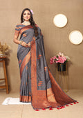 Grey soft silk saree with copper zari design and matching silk blouse fabric