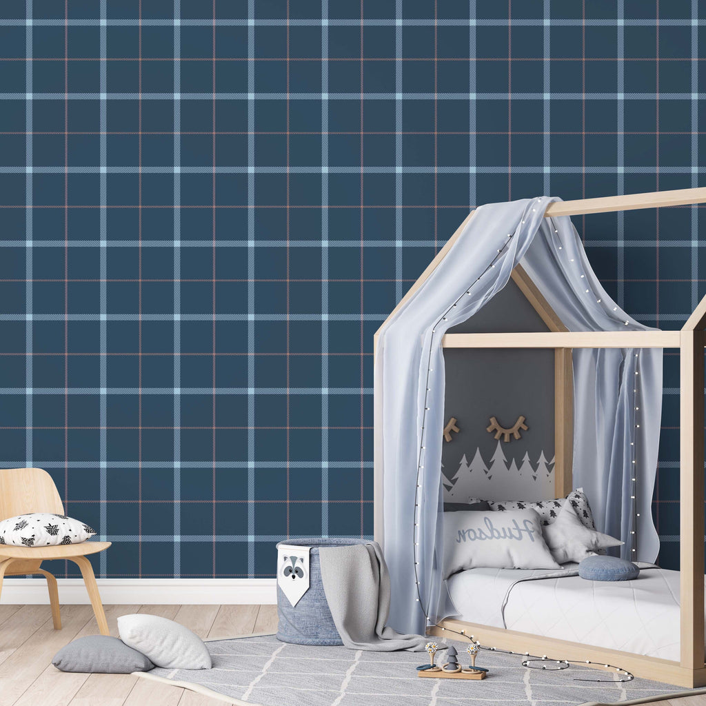Griffin plaid pattern wallpaper featuring navy, light-blue, and peach tones.