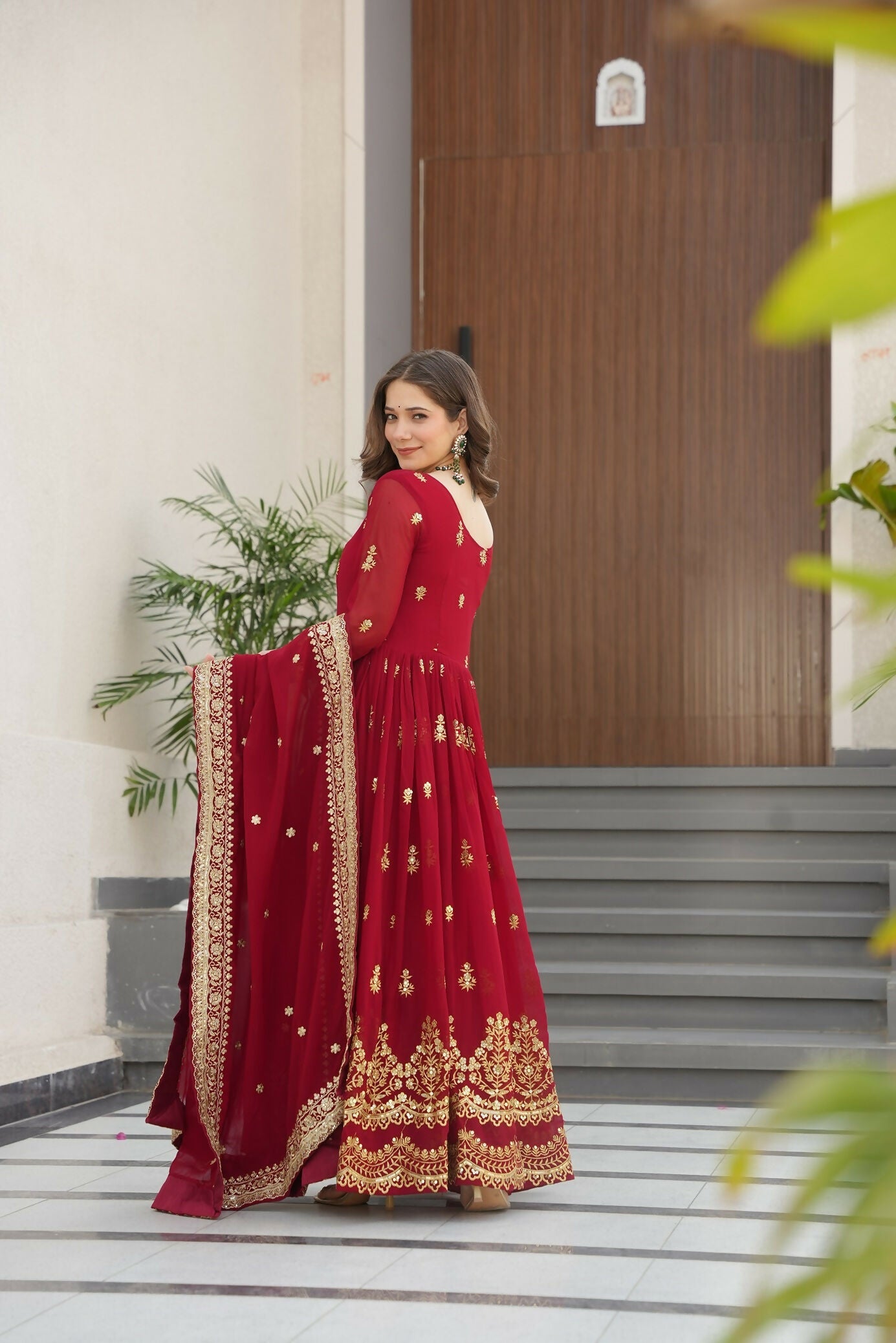 Maroon Georgette Kurta Set with Sequence Embroidery