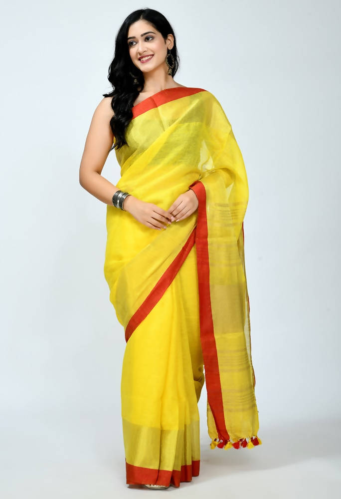 Pure Linen Yellow Saree with Contrasting Red Blouse Piece