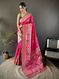 Rani Pink Banarasi Saree with elephant and floral woven motifs