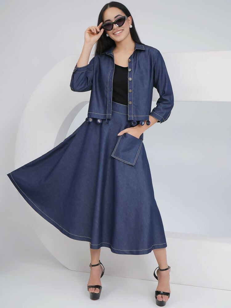 Joban Fashion Black Cotton Denim A Line Skirt With Inner And Jacket