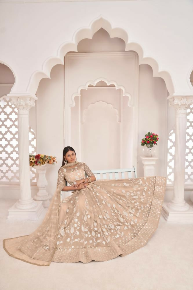 Dusty Chiku Butterfly Net Lehenga with Zari and Sequence Work