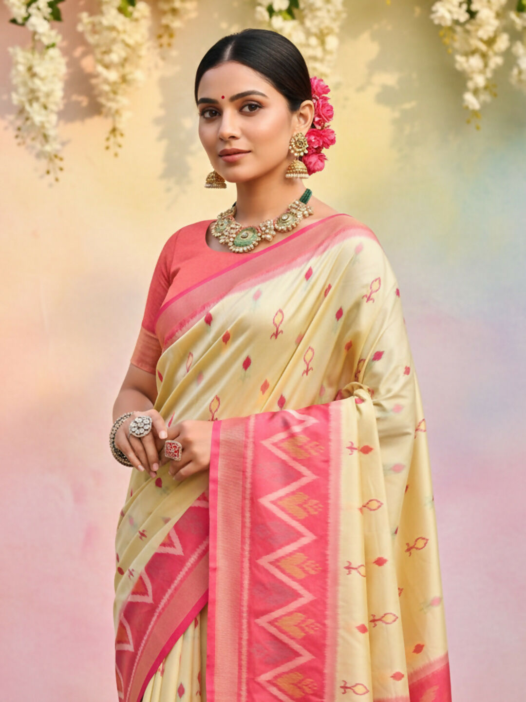 Cream Soft Silk Saree with Matching Blouse Piece