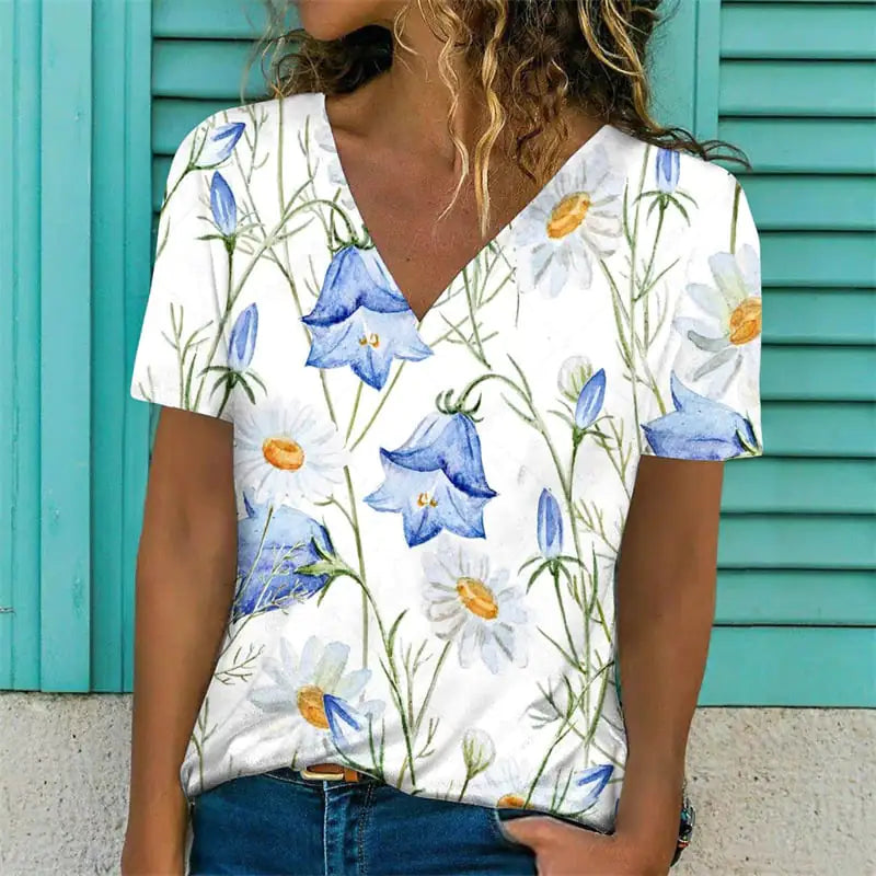 Women's V-Neck Casual Floral Print Short Sleeve T-Shirt - Image 22