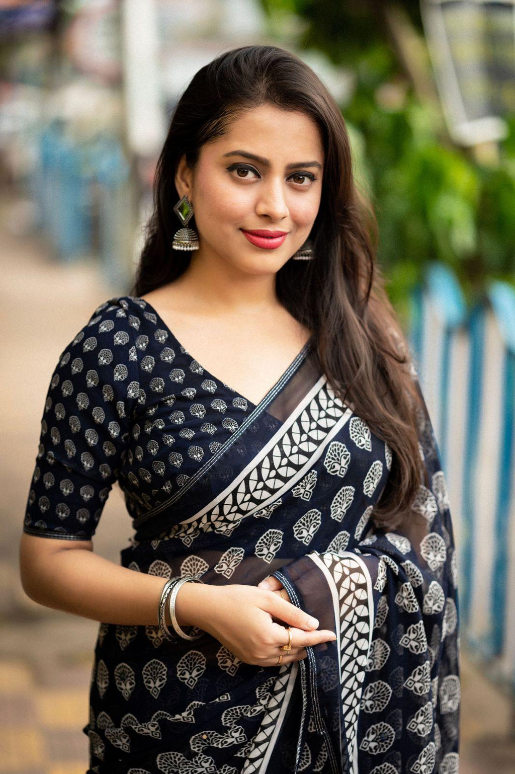 Navy Blue Poly Georgette Ajrak Saree with Mirror Detailing