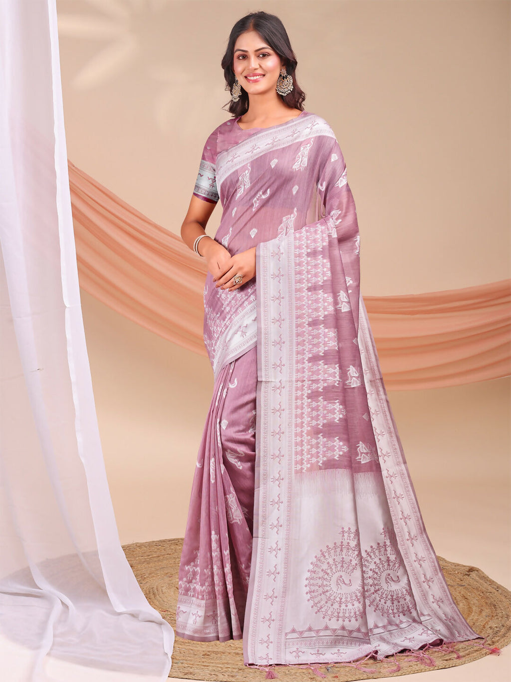 Varnika purple linen cotton saree with matching blouse fabric