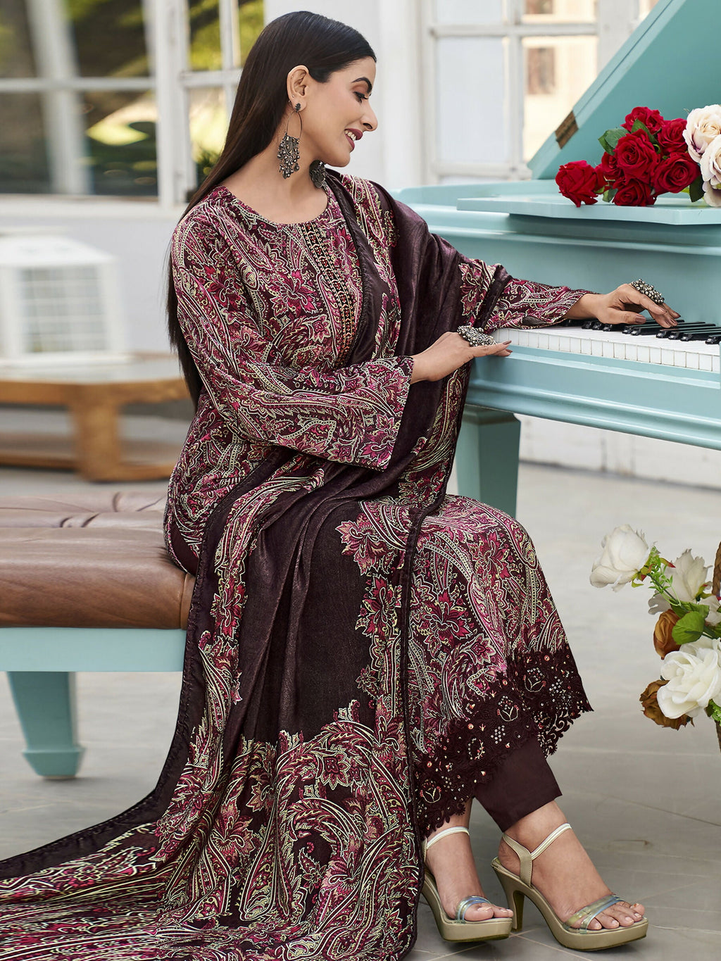 Wine Velvet Straight Kurta Set with Resham Thread Work and Dupatta