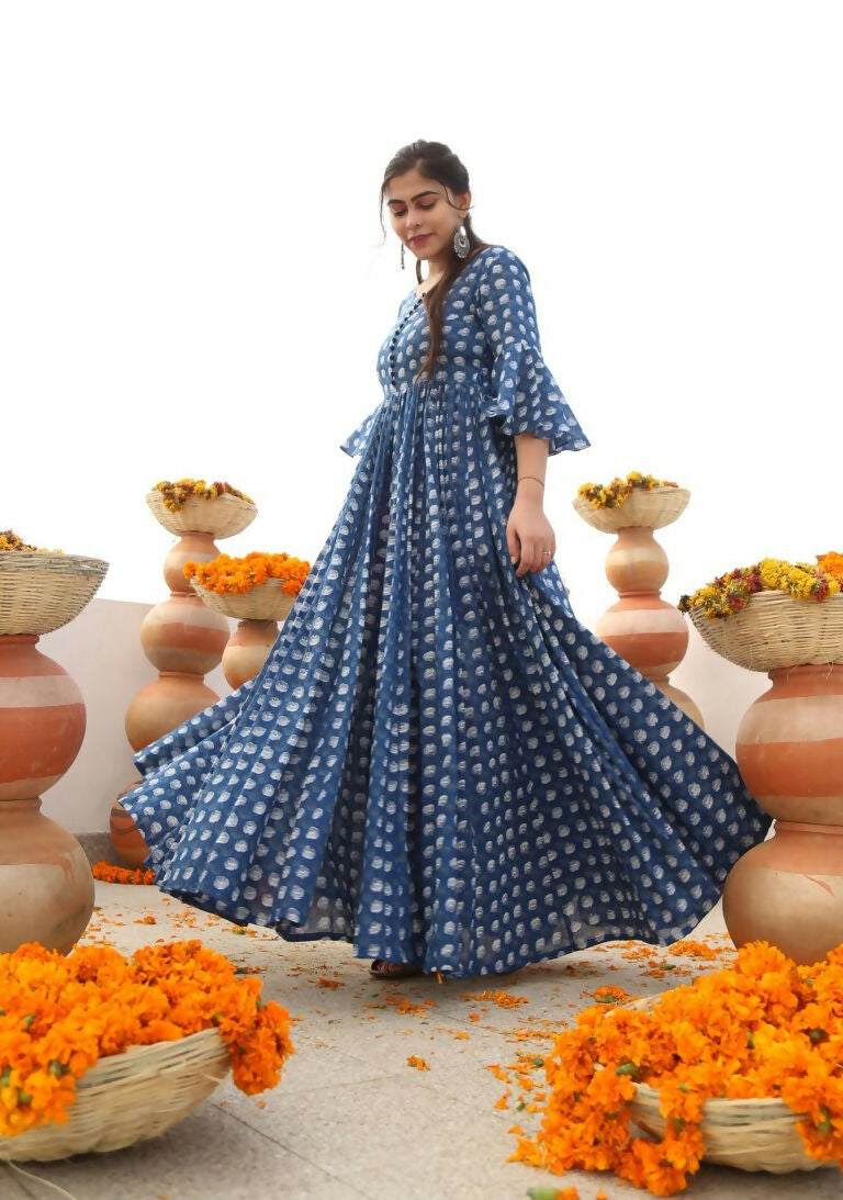 Blue digital printed cotton-silk floor-length Anarkali dress for women
