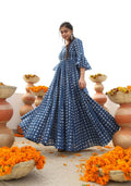 Blue digital printed cotton-silk floor-length Anarkali dress for women