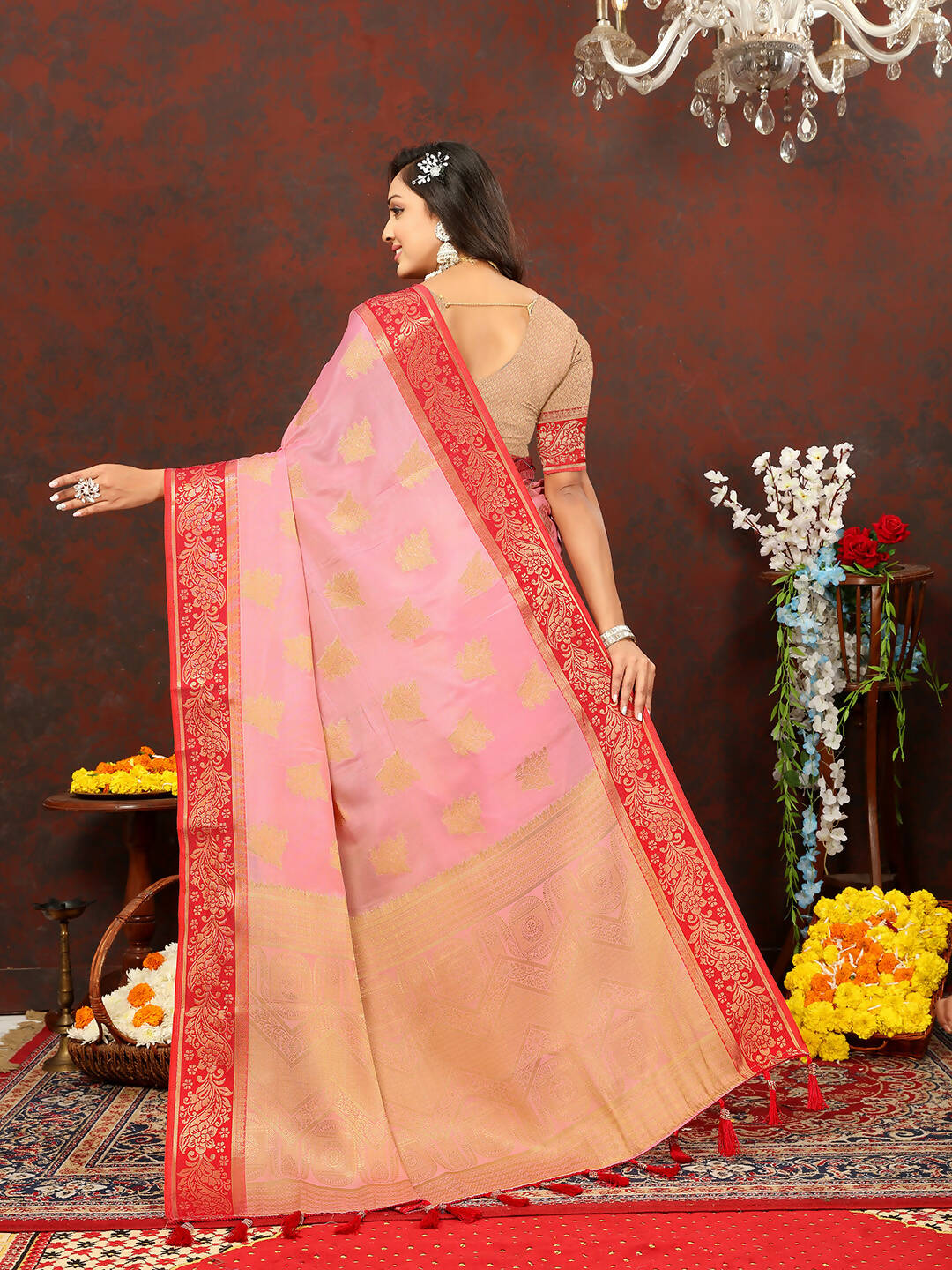 Pink Cotton Saree with Traditional Zari Weaving