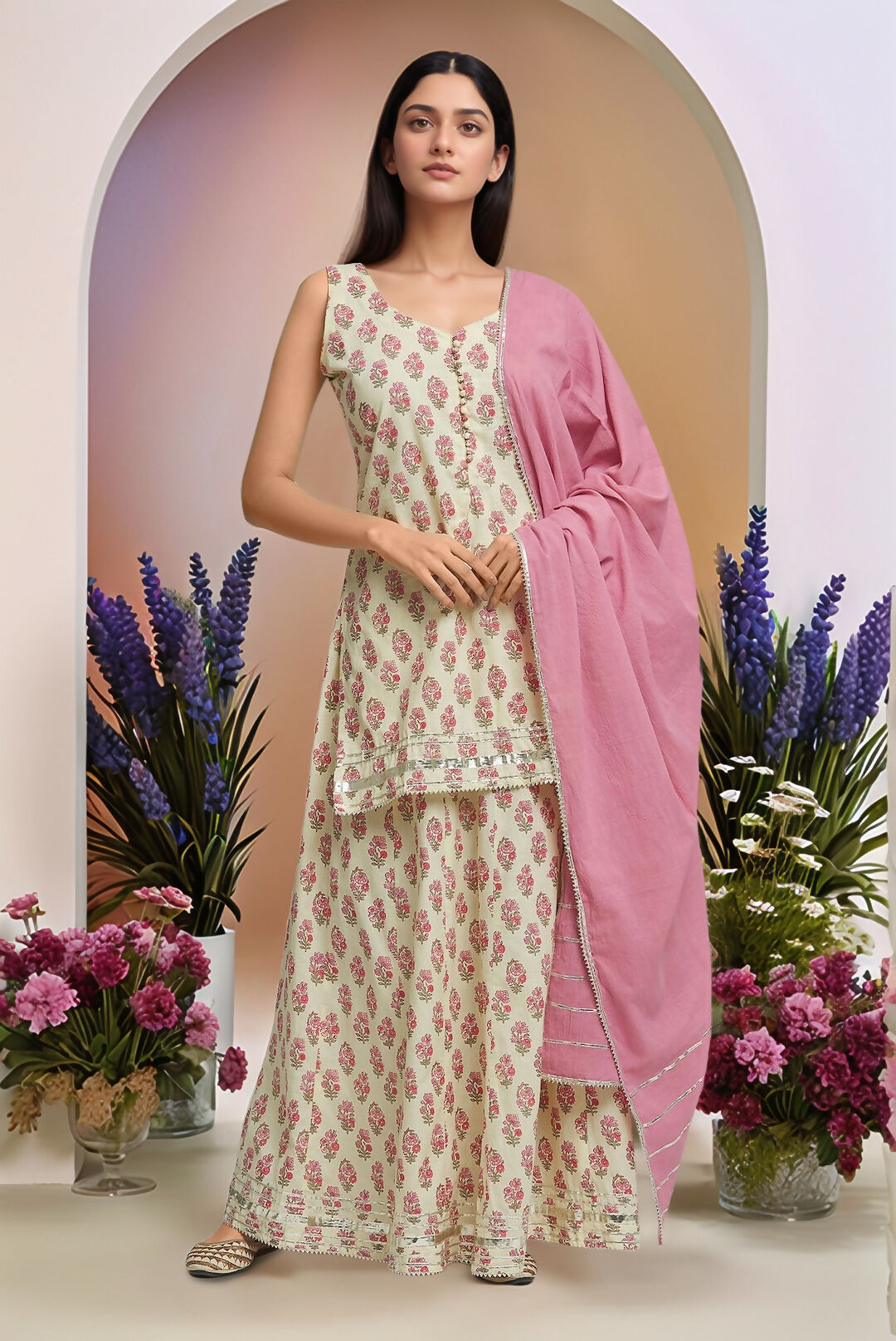 Cream printed cotton lehenga set featuring a pink top and white printed bottom