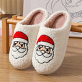 White plush indoor slippers with embroidered Santa Claus pattern for Christmas