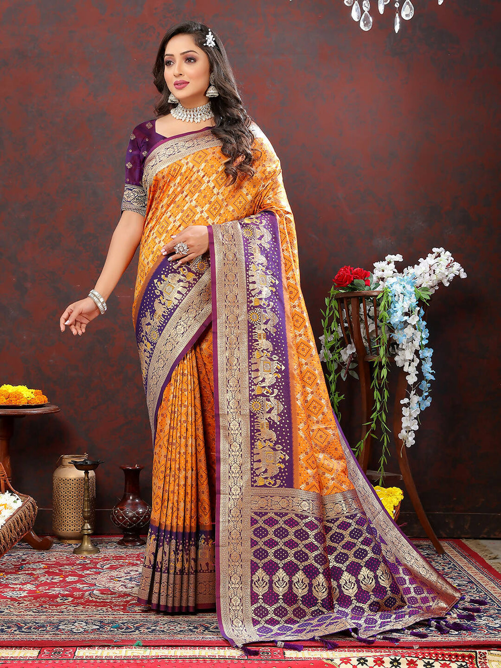 Orange & Wine Patola Silk Saree with Traditional Meenakari Work