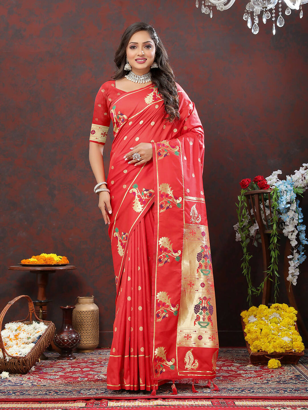 Red Soft Paithani Silk Saree with Gold Zari Meenakari Weaving
