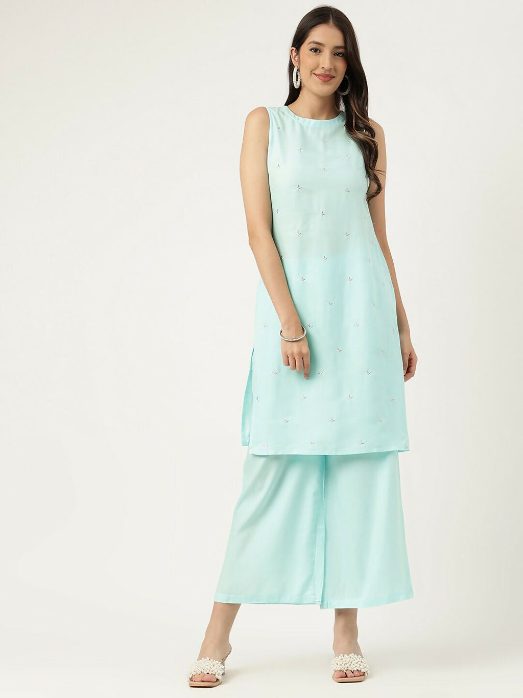 Blue straight kurta set with embroidery detail, crafted from high-quality rayon fabric.