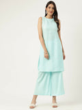 Blue straight kurta set with embroidery detail, crafted from high-quality rayon fabric.