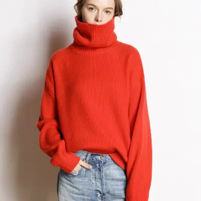 Women's Thick Ribbed Turtleneck Cashmere Blend Sweater - Image 3