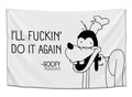 Black and white Guilty Goofy meme wall flag hanging in a dorm room setting