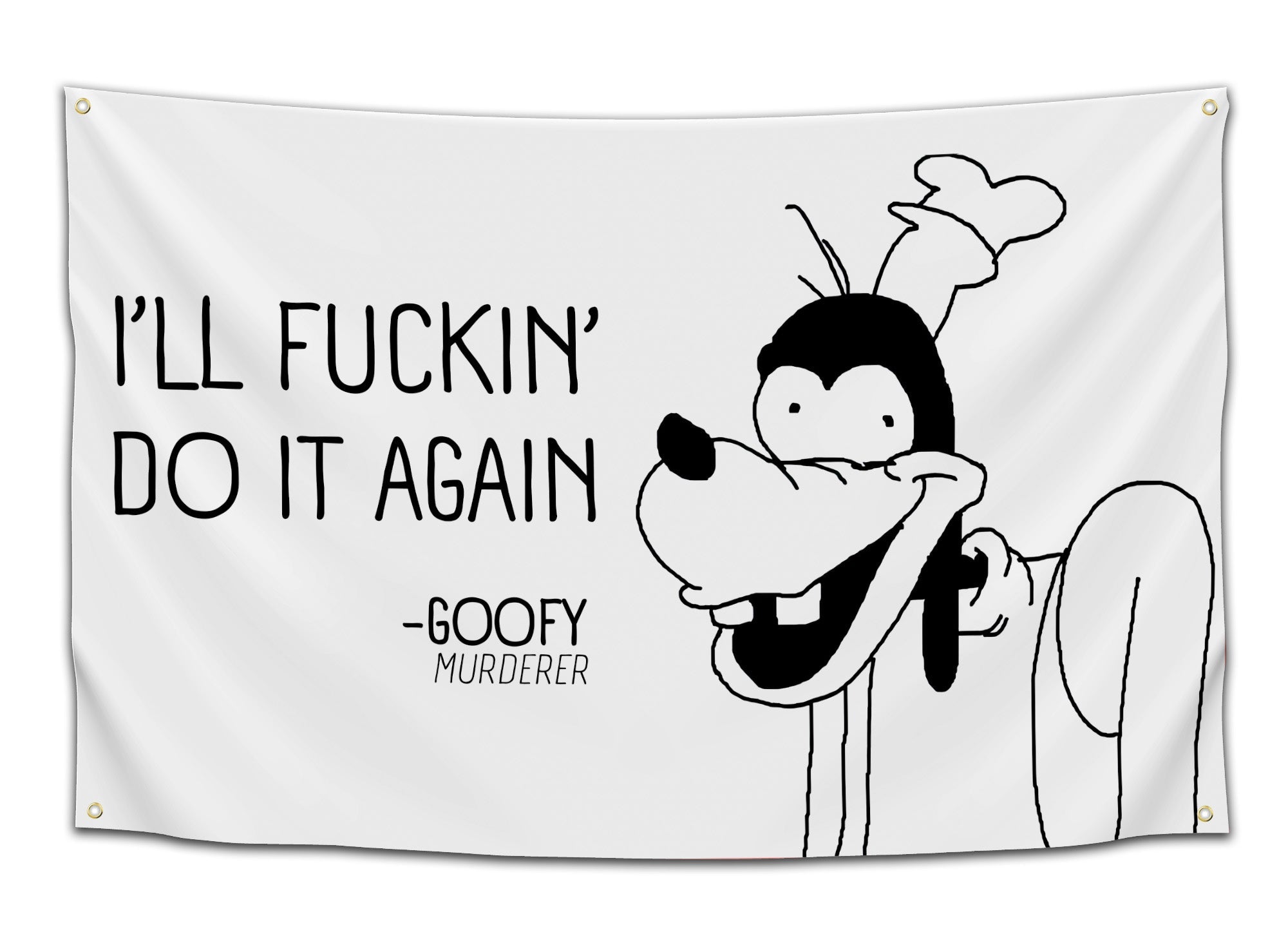 Black and white Guilty Goofy meme wall flag hanging in a dorm room setting