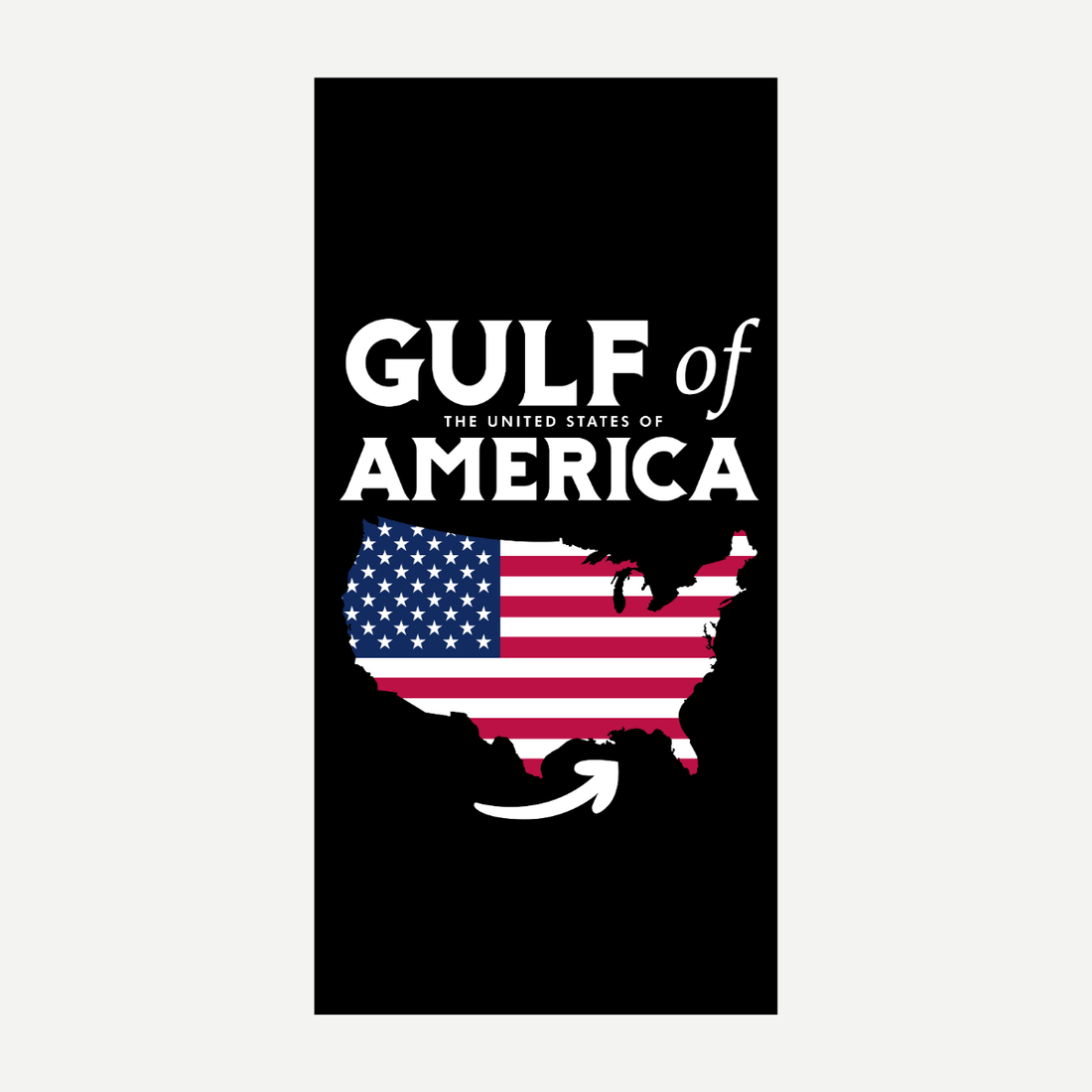 A rectangular beach towel featuring a black background with the text Gulf of America and a US map with an American flag pattern and an arrow pointing to the Gulf region.