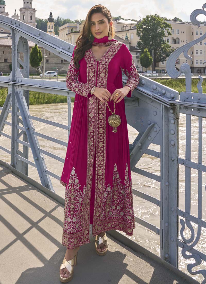 Front view of a Pink Embroidered Pakistani Designer Salwar Suit featuring full sleeves and tailored pants.