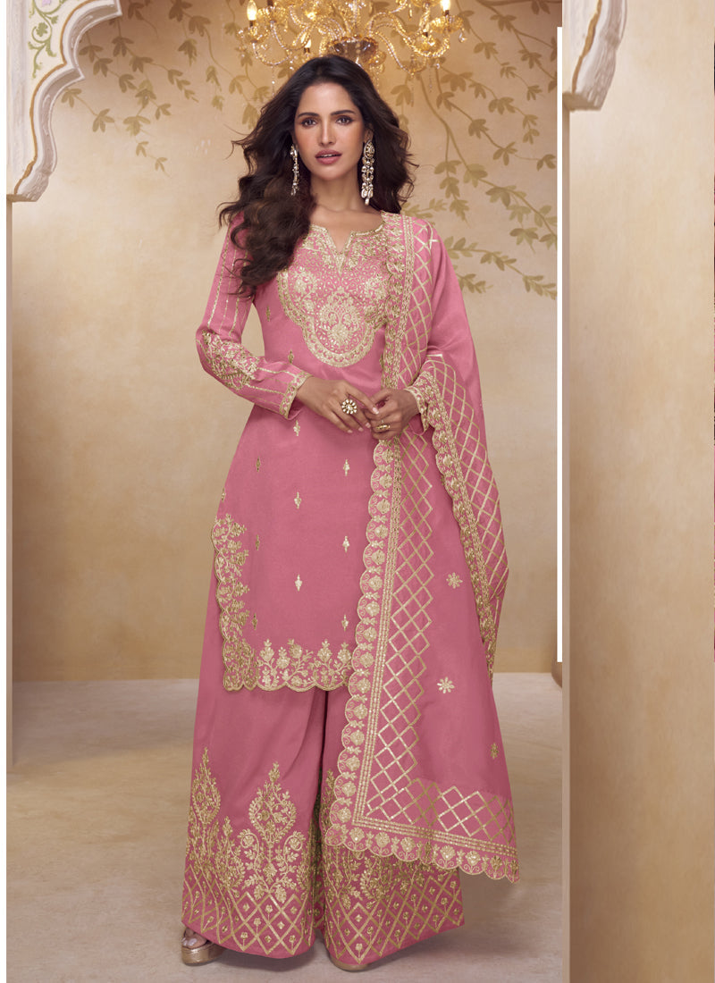 Pink Simar Silk palazzo suit featuring elegant embroidery and gota patti details