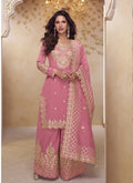 Pink Simar Silk palazzo suit featuring elegant embroidery and gota patti details