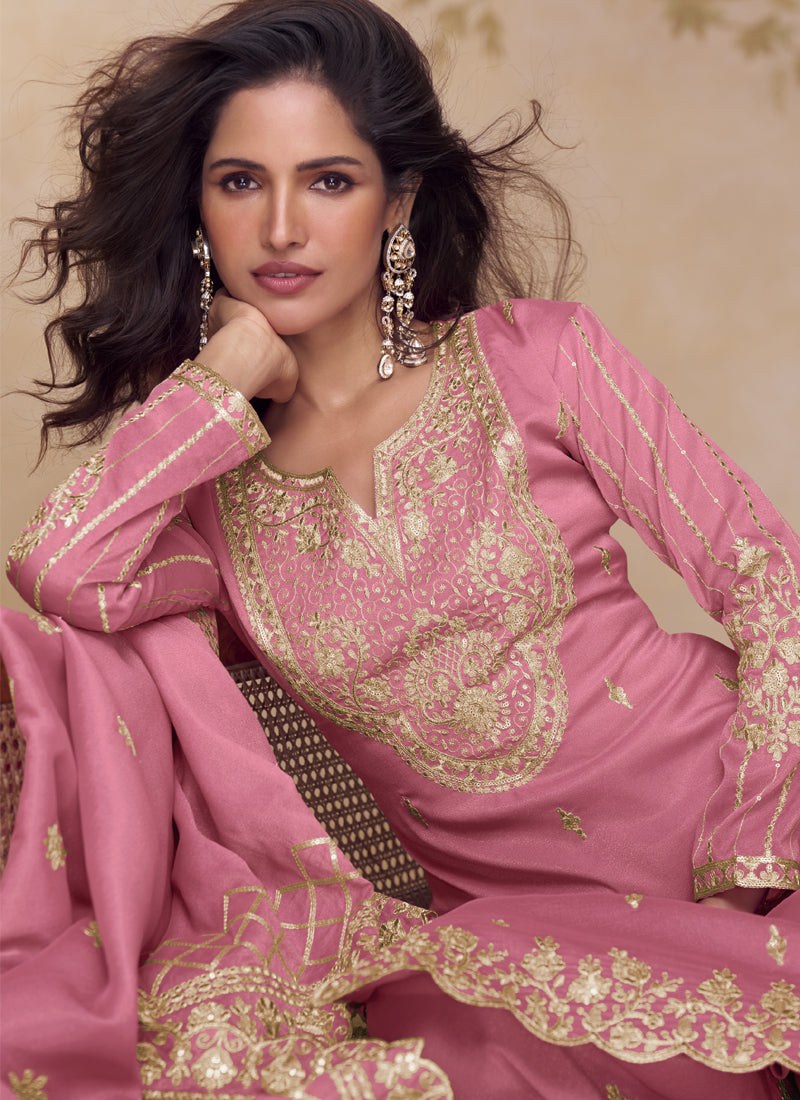 Pink Simar Silk Embroidered Party Wear Palazzo Suit