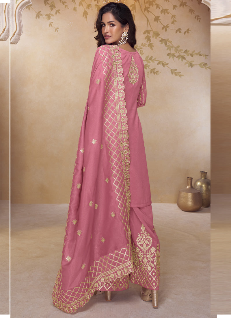 Pink Simar Silk Embroidered Party Wear Palazzo Suit