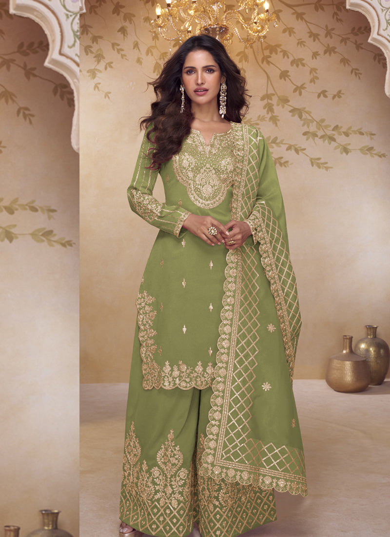 Vegaa Fashion Green Simar Silk Embroidered Party Wear Palazzo Suit