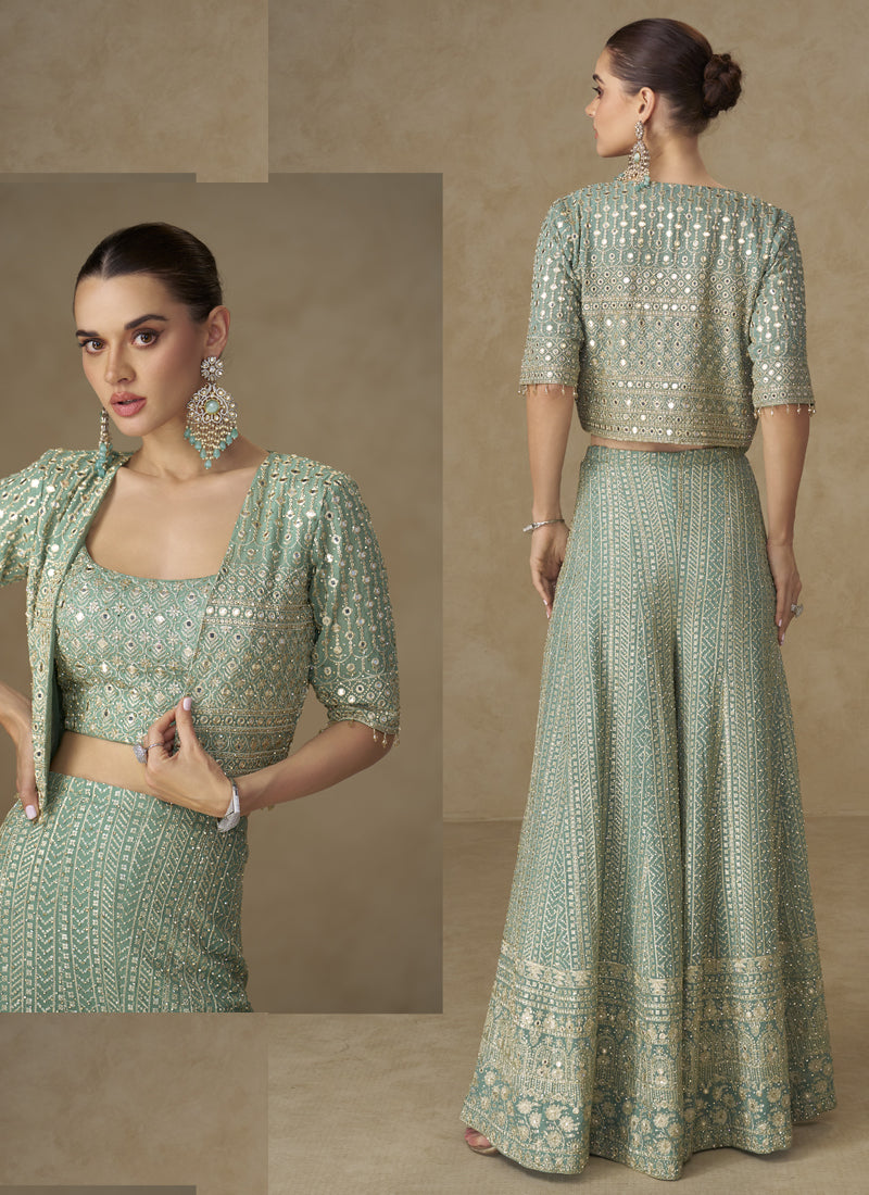 Vegaa Fashion Mint Green Georgette Embroidered & Hand Work Jacket Style Co-Ord Set