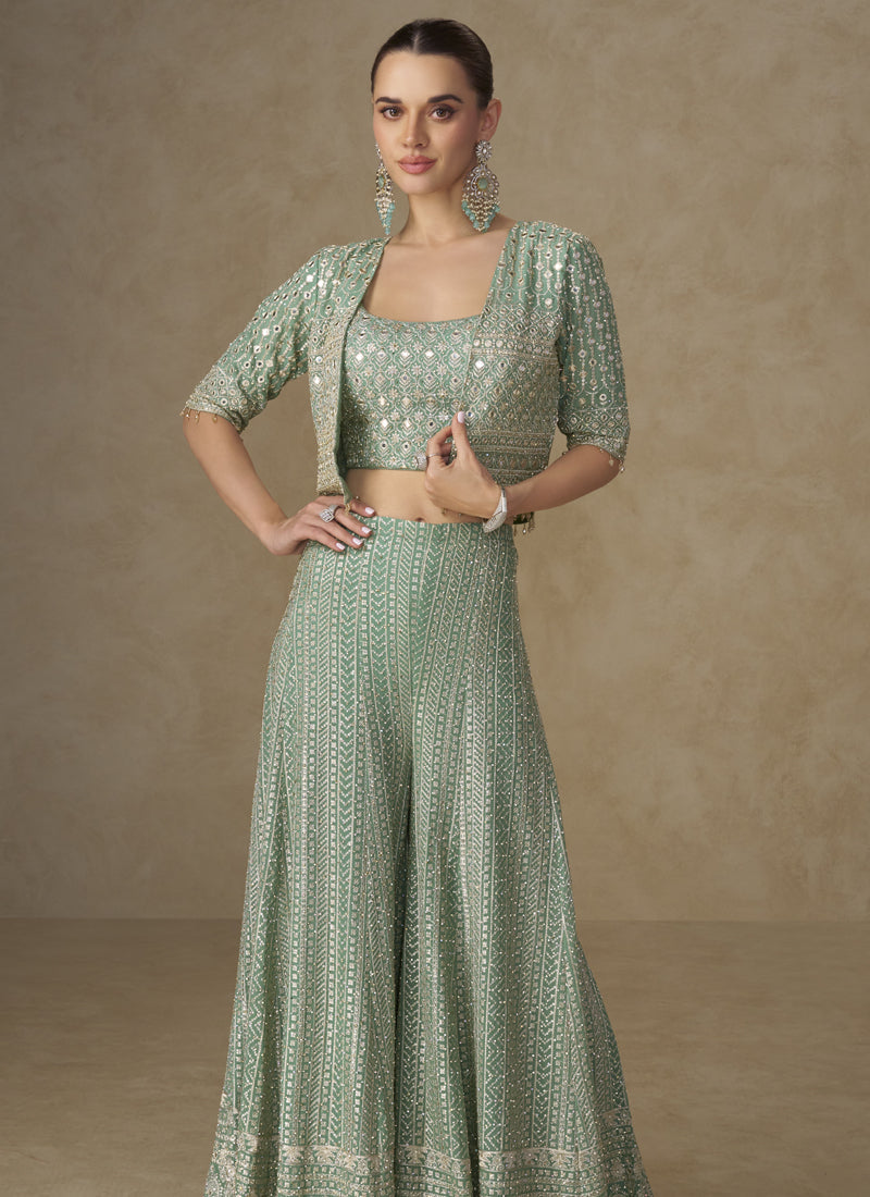 Vegaa Fashion Mint Green Georgette Embroidered & Hand Work Jacket Style Co-Ord Set