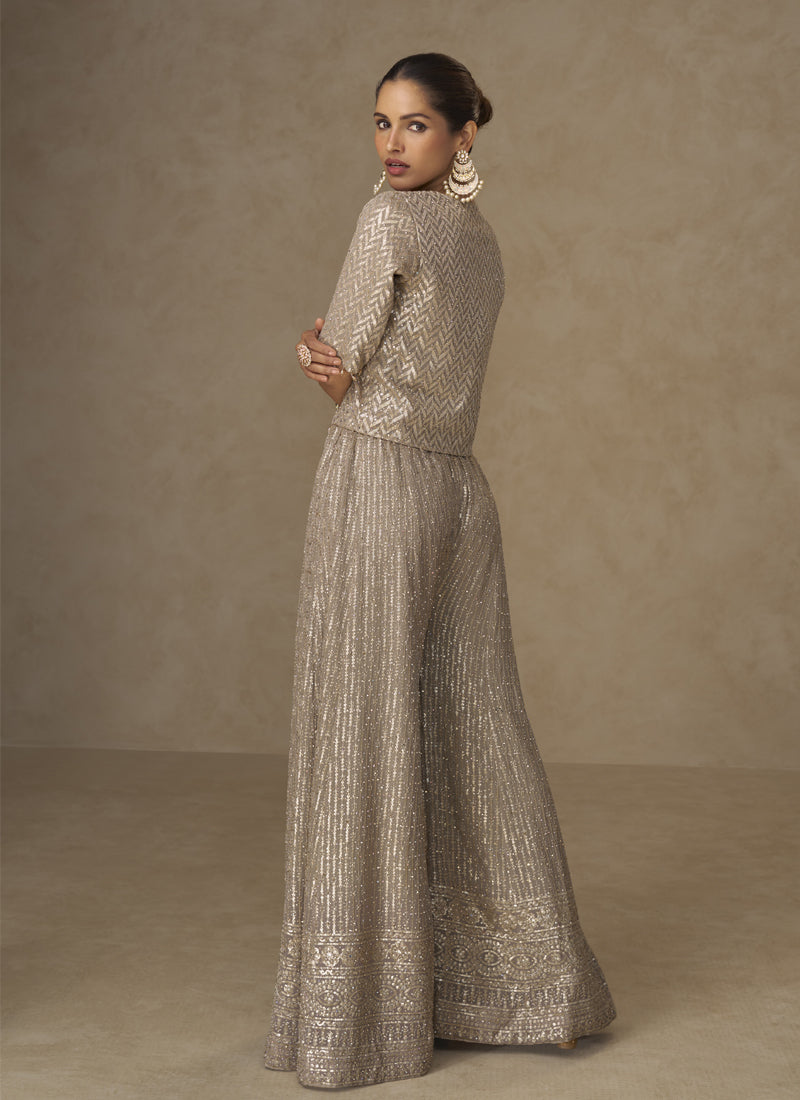 Beige Georgette Embroidered Jacket Style Co-Ord Set for Weddings