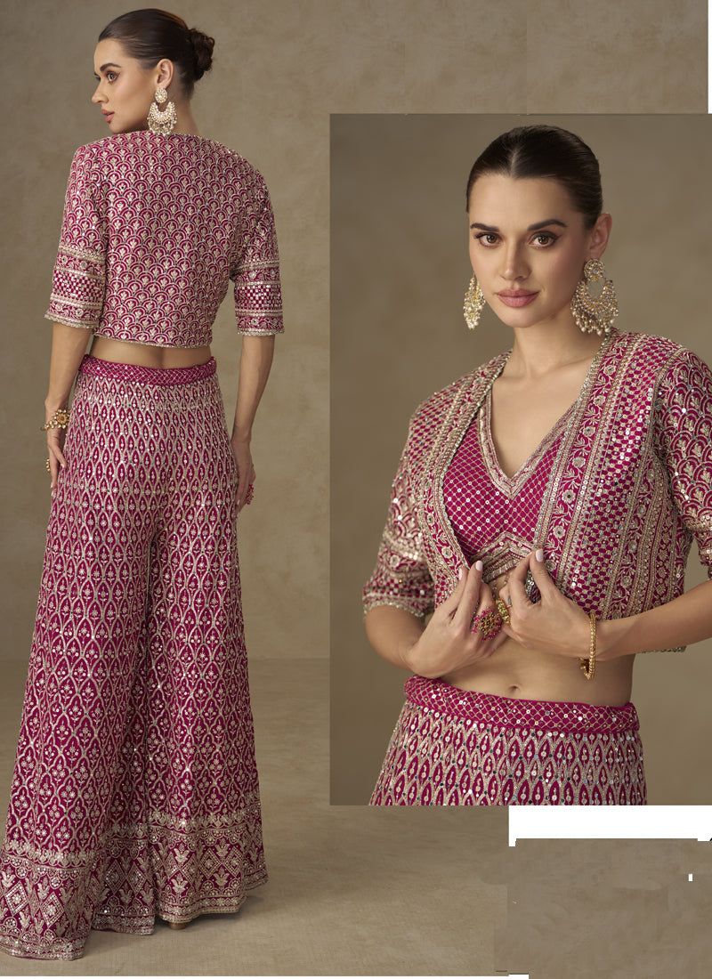 Pink Georgette Embroidered Jacket Style Co-Ord Set for Weddings