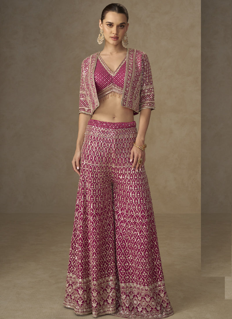 A front view of a pink georgette jacket-style co-ord set featuring detailed embroidery and handwork.