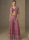 A front view of a pink georgette jacket-style co-ord set featuring detailed embroidery and handwork.