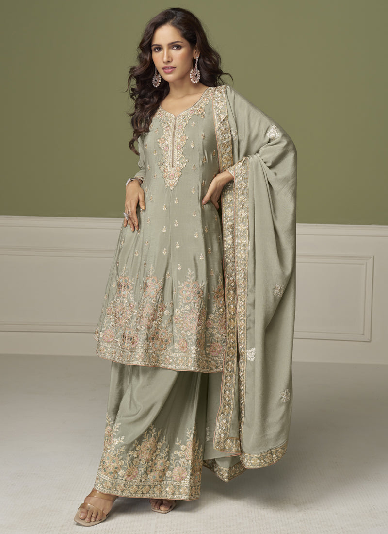 Elegant Light Grey Chinon Silk Sharara Suit with intricate gota patti embroidery