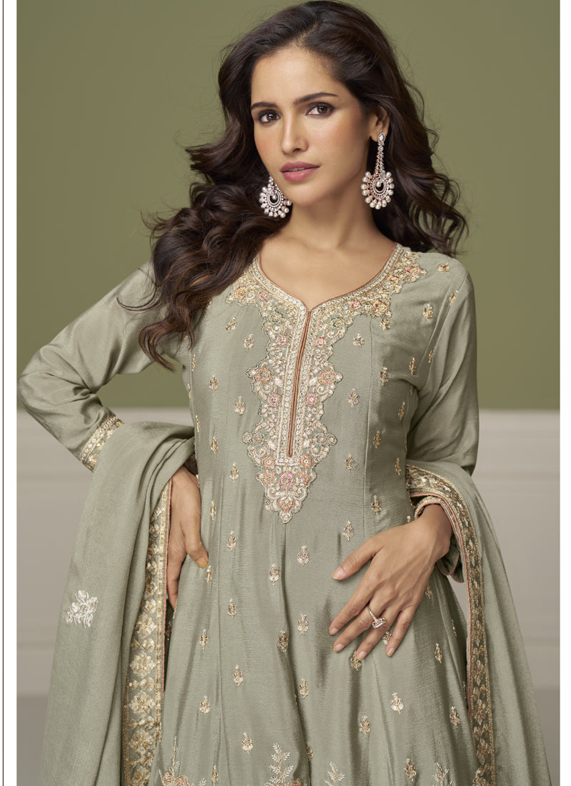 Light Grey Chinon Silk Embroidered Sharara Suit for Weddings