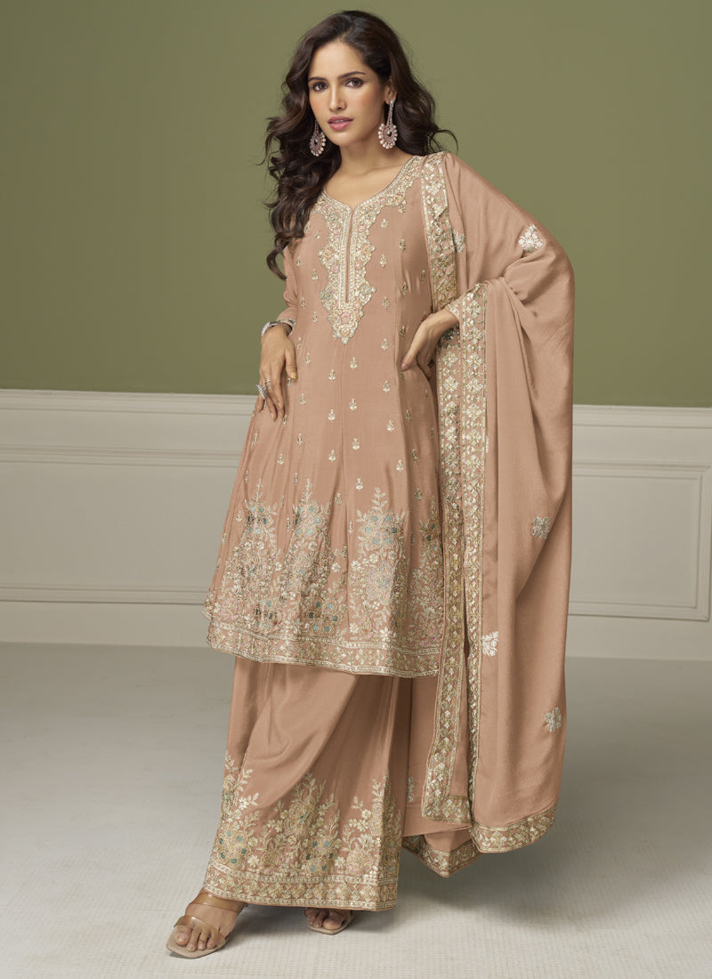 Light Peach Chinon Silk Embroidered Sharara Suit for Weddings