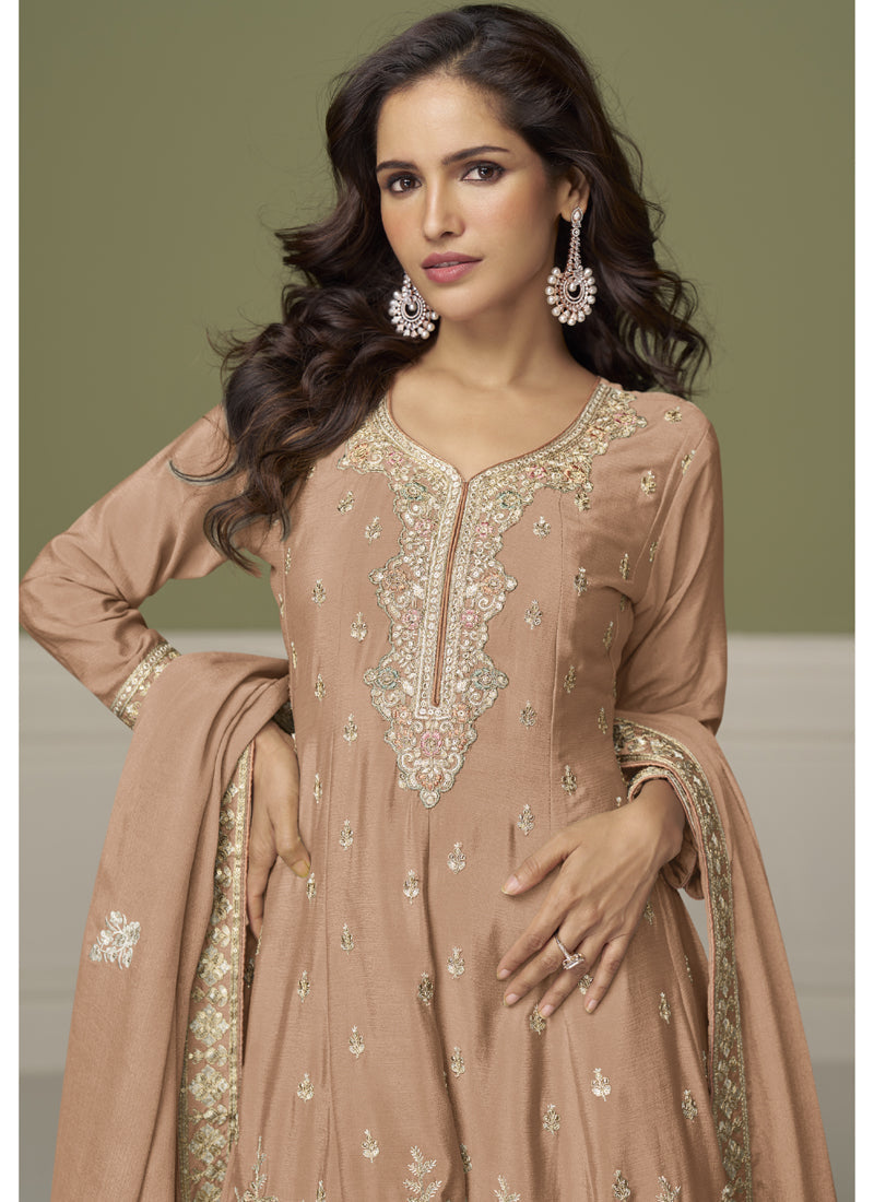 Light Peach Chinon Silk Embroidered Sharara Suit for Weddings